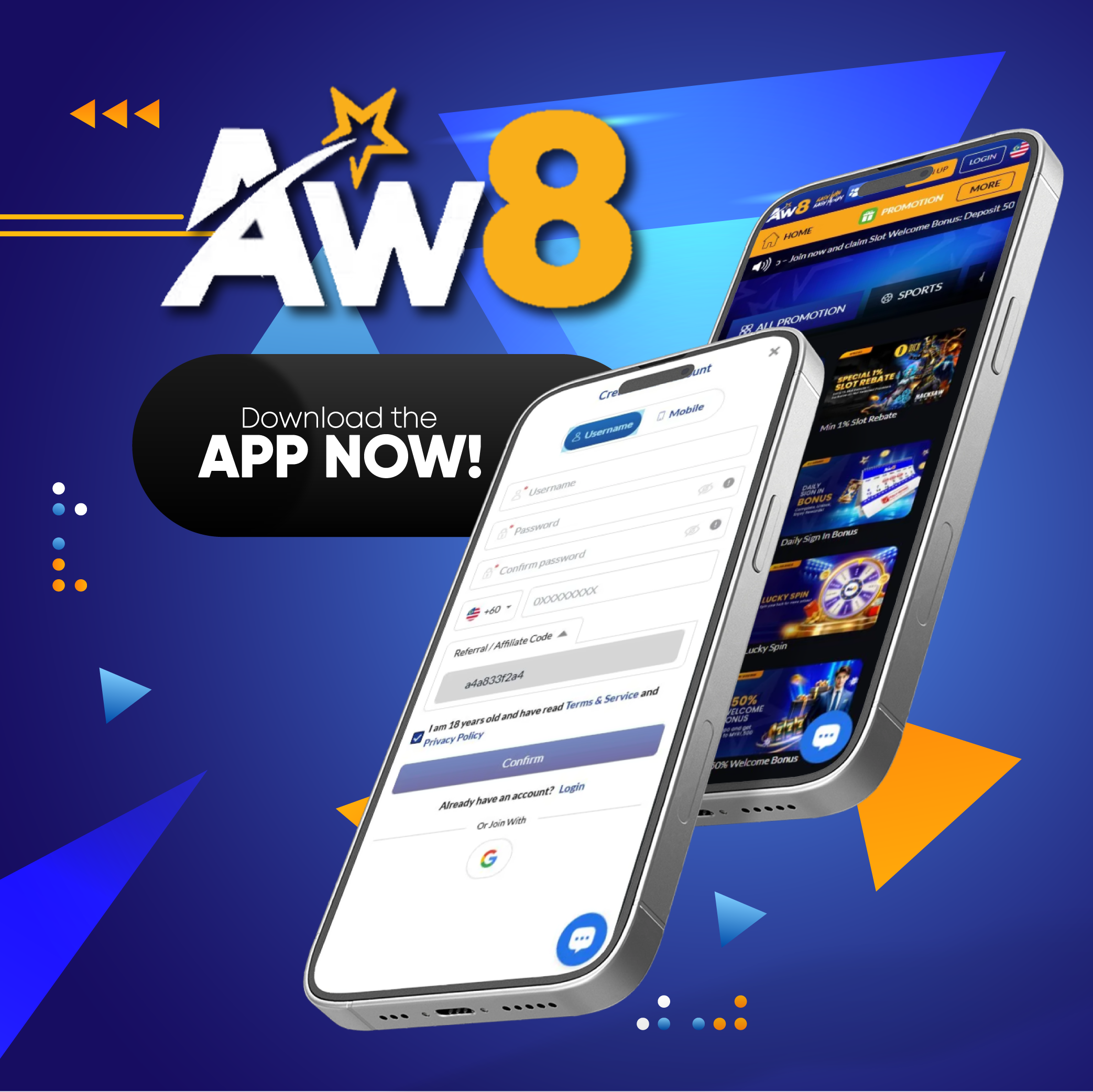 AW8 app download screen on smartphone – access to online casino and sportsbook for Malaysian players